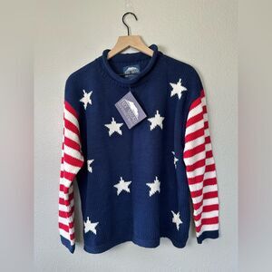 NWT** Vintage Rey Wear Handmade Hand knit American Flag Red White & Blue Sz M/L